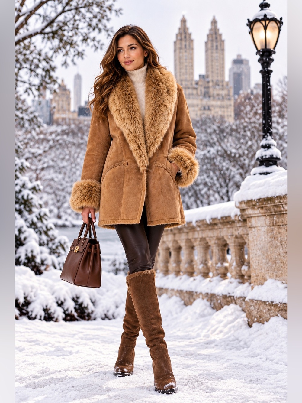 Toppolino Cognac Genuine Shearling Mid-Length Coat Fur Trim Pockets Sz 40 L-XL
